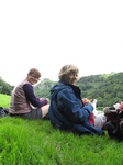 SX16164 Jenni and Margaret with Carreg Cennen Castle on top of distant cliffs.jpg